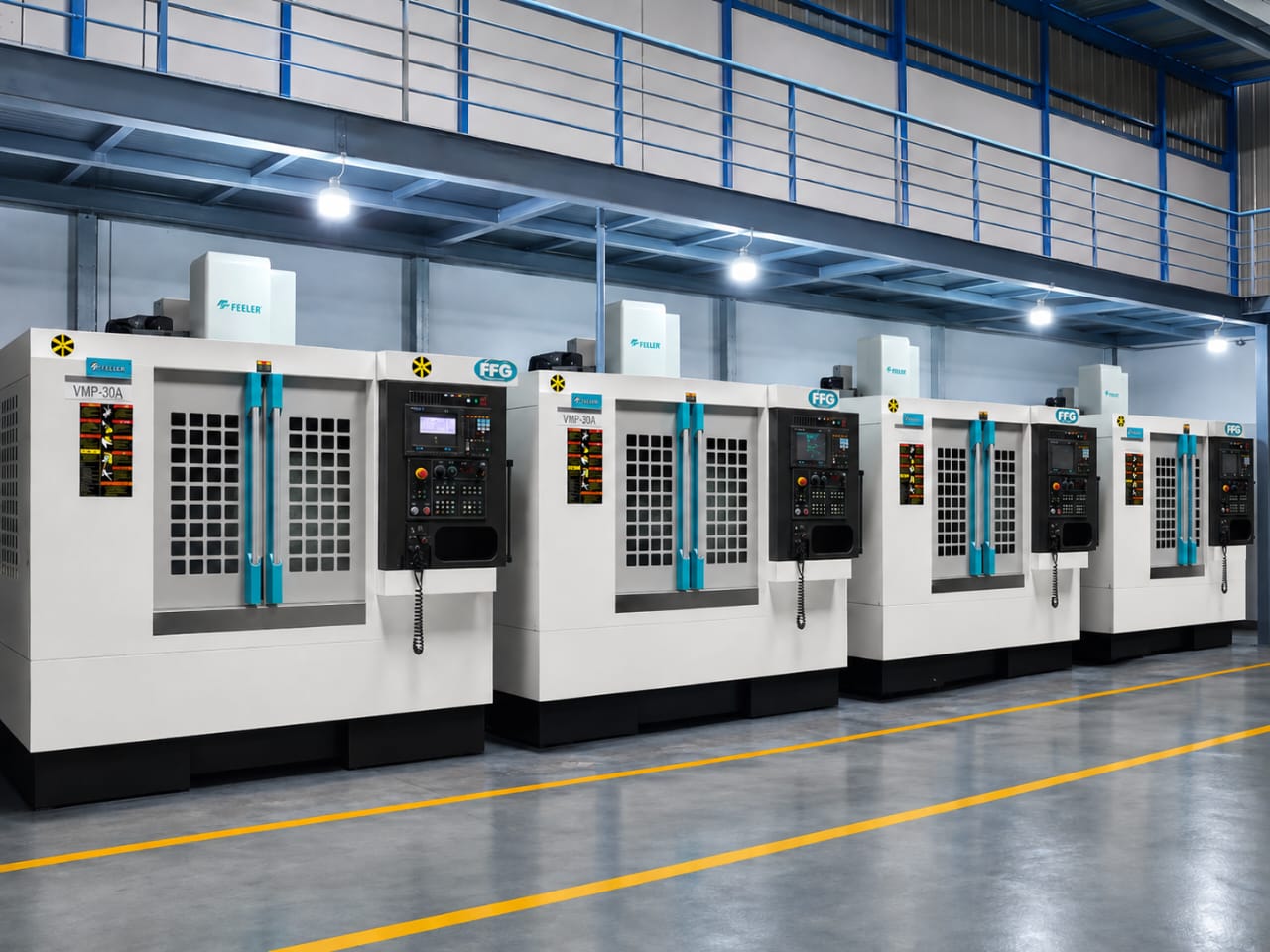 Line of Feeler VMP-30A vertical machining centres on the EXACTOMILL shop floor